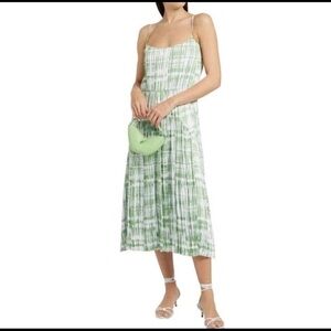 EUC Vince Tie Dye Pleated Satin Sleeveless Midi Green White  RP $495 SZ S